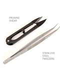 All In One Bonsai Tool Kit With Bonsai 101 Book And Fabric Storage Holder Includes Wooden Rake Long And Wide Spades Scissors Tweezers Bamboo Brush Pruning Shears For Easy Bonsai Care And Styling showing pruning shear and stainless steel tweezers