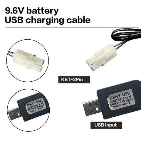 Close-up of 9.6V NiMH NiCd Battery Charger Cable With Tamiya Plug, USB input and connectors for RC Cars Tanks Planes Boats.
