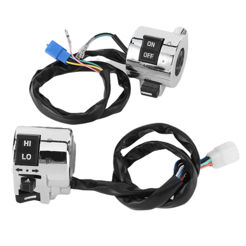 Universal 25mm Motorcycle Handlebar Switch Pair Headlight Turn Signal and Horn Control Set Tactile Rubber Buttons with chrome finish
