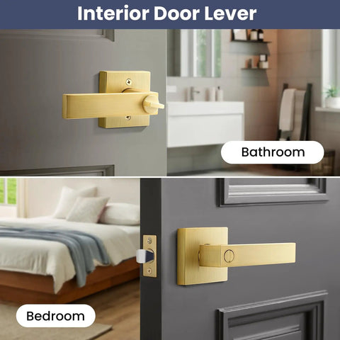 Keyless Privacy Door Lever Set Satin Brass Finish for Bedroom and Bathroom in modern gold tone installed on interior doors