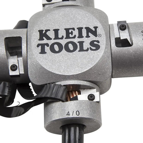 Large Cable Stripper For 2/0 To 250 MCM Cables With Clover Design in use showing wire size setting and blade detail