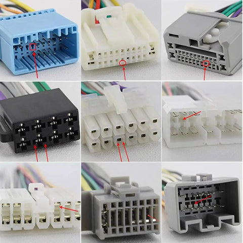 Close-up of multi-colored automotive wiring connectors for 60 Piece Terminal Removal Tool Kit For Car Wiring And Electrical Connectors Pin Extractor Terminal Puller Depinning Tool Set With Single Double And Three Pin Extractors And Casing Tools For Quick Easy Pin Removal Must Have Gear.