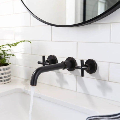 Oil Rubbed Bronze Wall Mount Bathroom Faucet With Two Handle Vanity, 360 Degree Rotating Spout, Includes Rough-In Valve
