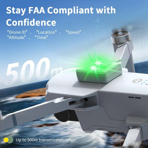 FAA Compliant Remote ID Module For Drones With Strobe Light And Buzzer, Waterproof GPS Tracker displayed on flying drone.