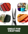 Deluxe 8 Inch Scissors For Gardening And Crafting With Durable Carbon Steel Blades showing uses on fabric, thread, yarn, and paper.