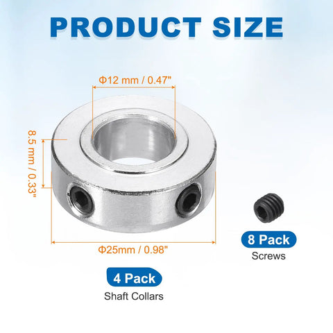 Set of Shaft Collars One Half Inch Bore, One Inch Outer Diameter, Five Sixteenth Inch Height, Carbon Steel, Silver Finish, Pack of Four, Great Gear for Wheelbarrows, Industrial Machinery, Tools and DIY Projects; 12 mm size