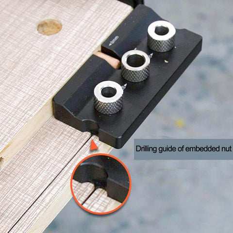 3 In 1 Doweling Jig Drill Kit With Adjustable Guide and embedded nuts for woodworking pocket holes, close-up view.