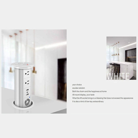 Waterproof Pop Up Power Strip With Smart Lifting Mechanism for Desk and Kitchen, white flush mount design on countertop.