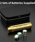 Bore Sight Laser For 243 And 308 Caliber Rifles, Red Dot Sighting Tool with batteries and tin case for quick zeroing.