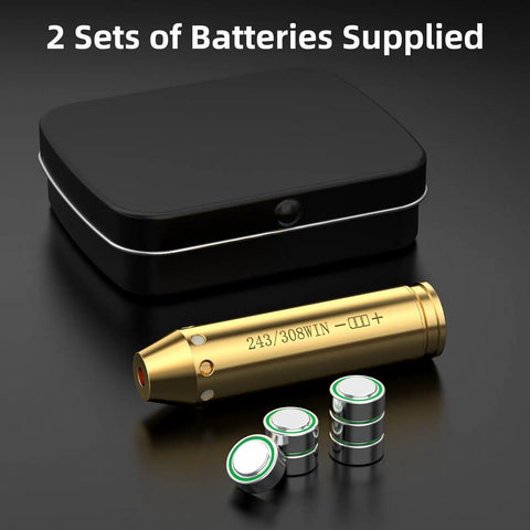 Bore Sight Laser For 243 And 308 Caliber Rifles, Red Dot Sighting Tool with batteries and tin case for quick zeroing.