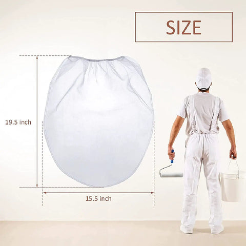 50 Pack 5 Gallon Paint Strainer Bags With Elastic Top, Fine Mesh White Filter Bags size dimensions and painter holding tools