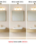 Dope Mid Century 3 Light Vanity Fixture With Smooth Brushed Gold Finish And Soft Milky White Glass Ball Shades above varying mirror sizes.
