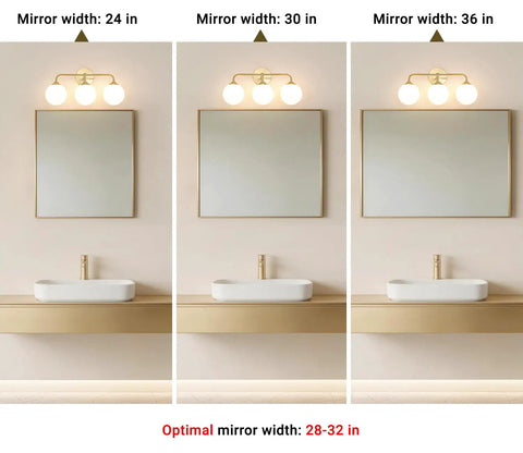 Dope Mid Century 3 Light Vanity Fixture With Smooth Brushed Gold Finish And Soft Milky White Glass Ball Shades above varying mirror sizes.