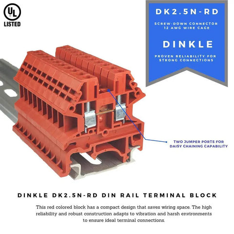 DIN Rail Terminal Block Screw Type DK2.5N-RD Red, UL 600V 20A 12-22AWG, heavy-duty with two jumper ports, UL listed.