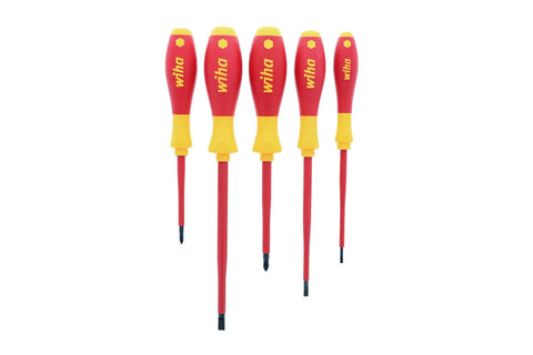 Five Piece 1000 Volt Insulated Slotted And Phillips Screwdriver Set With SoftFinish Cushioned Grips Pro Electrician Grade Individually Tested To 10000 V AC For Safer Live Wiring, displayed vertically with red and yellow handles.