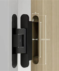 Close-up of Whisper Quiet Hydraulic Invisible Door Hinge Closer for Wood and Folding Doors, showcasing dimensions and sleek profile.