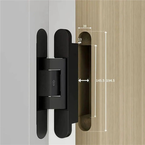 Close-up of Whisper Quiet Hydraulic Invisible Door Hinge Closer for Wood and Folding Doors, showcasing dimensions and sleek profile.