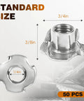 One Quarter Twenty Tee Nut 304 Stainless Steel Four Prong With Three Eighth Inch Barrel for Wood Inserts, pack of fifty, top and side view