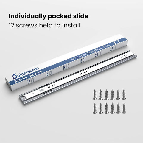 22 Inch Soft Close Full Extension Drawer Slides Set of 6 Pairs with screws and packaging