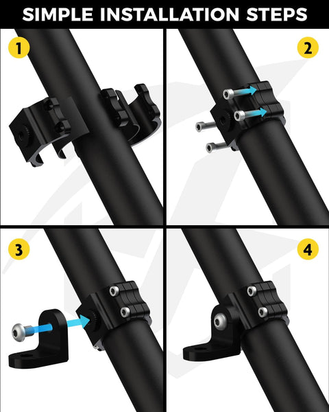 Installation steps for Whip Light Mount And Flag Bracket For UTVs Heavy Duty CNC Aluminum 360 Degree Adjustable Mount on roll bars.