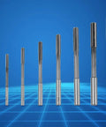 Front view of 8-piece HSS chucking reamers set with straight shanks, 3–10 mm bore finishing tools