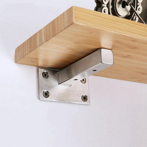 Rock Solid Two Pack Heavy Duty Wall Mounted Shelf Brackets Crafted From Brushed Stainless Steel With Zero Flex Support Frame For Living Room And Bedroom Includes All Basic Hardware, showing bracket attached to wooden shelf.