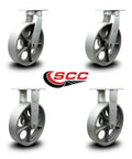 Extra Heavy Duty 10 Inch Caster Set Featuring Rock Solid Semi Steel Cast Iron Wheels includes four casters with swivel and rigid mounts.