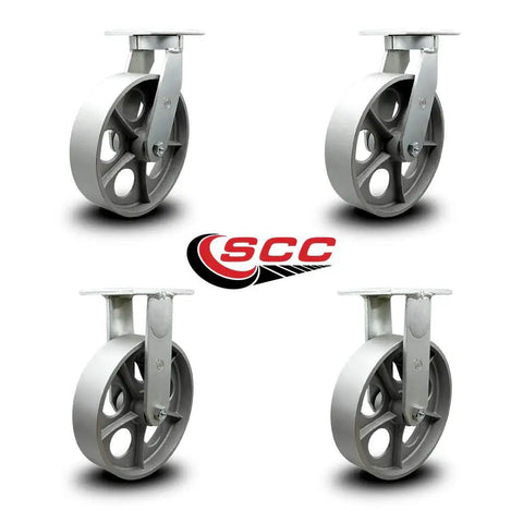 Extra Heavy Duty 10 Inch Caster Set Featuring Rock Solid Semi Steel Cast Iron Wheels includes four casters with swivel and rigid mounts.