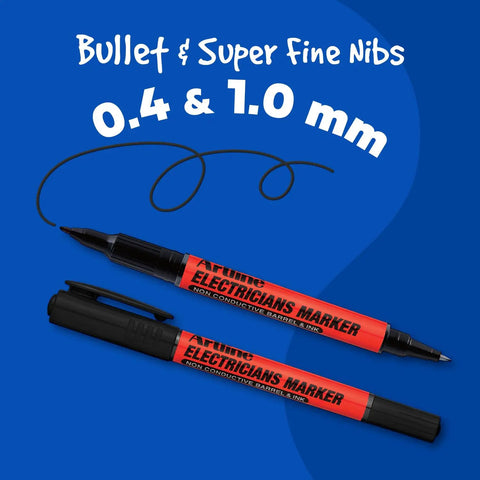 Electricians Markers Twin Nib Pro Grade Series Non Conductive Ink And Barrel Black 0.4mm Fine And 1.0mm Bullet Tips