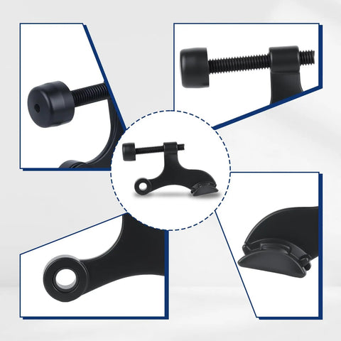Built Tough Zinc Hinge Pin Door Stops Adjustable Matte Black Finish With Plush Bumper Caps To Save Drywall And Hardwood Floors Effortless Drop In Installation Eight Pack close-up showing detailed construction and sturdy design.