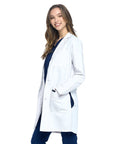 Unisex Lab Coat 35 Inch White Medical Coat With Notched Collar, Four Button Front, Chest Pocket, Two Large Patch Pockets, Sizes XS to 2XL