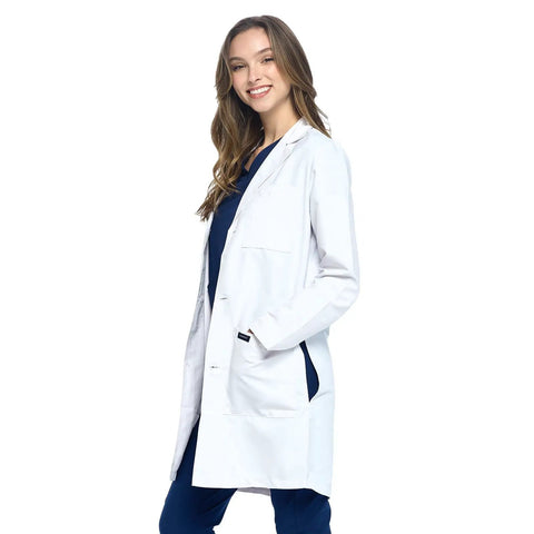 Unisex Lab Coat 35 Inch White Medical Coat With Notched Collar, Four Button Front, Chest Pocket, Two Large Patch Pockets, Sizes XS to 2XL