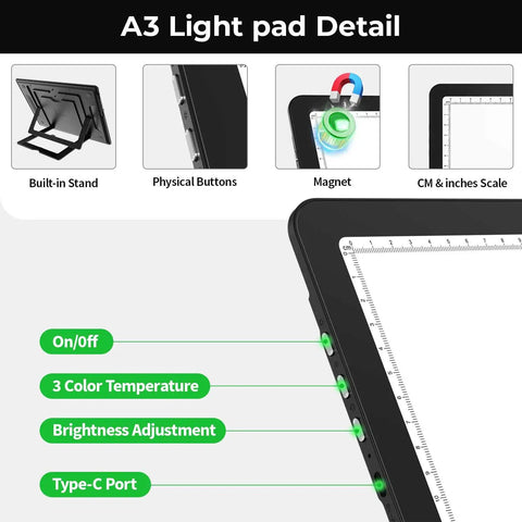 Rechargeable A3 Light Pad With Built In Stand And Bag For Tracing Diamond Painting And Drawing Super Bright Magnetic Light Box details