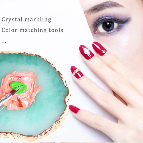 2 Pack Resin Nail Art Palette With Gold Edge Durable Pro Grade Nail Art Palettes for mixing colors beside manicured hand