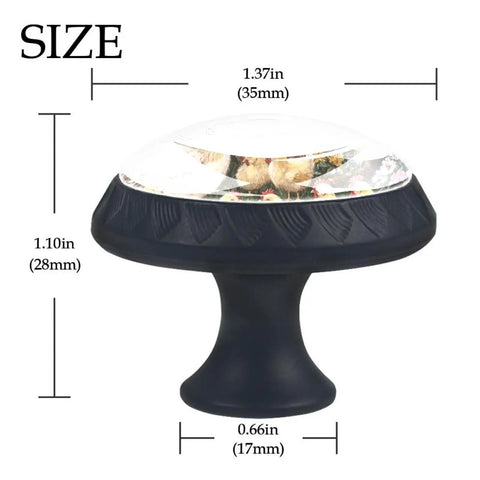 4 Pack Black Cabinet Knobs With Sunflower Chick Fence Pattern shown with size measurements, durable ABS, crystal glass finish.