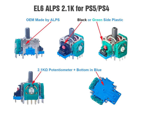 Close-up of 4 Pack Replacement Analog Joysticks For PS4 DualShock 4 Wireless Controllers with labeled components and colors