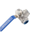 Rock Solid 304 Stainless Steel Three Way T Port Ball Valve 3/4 Inch DN20 with blue handle for steam and water use.