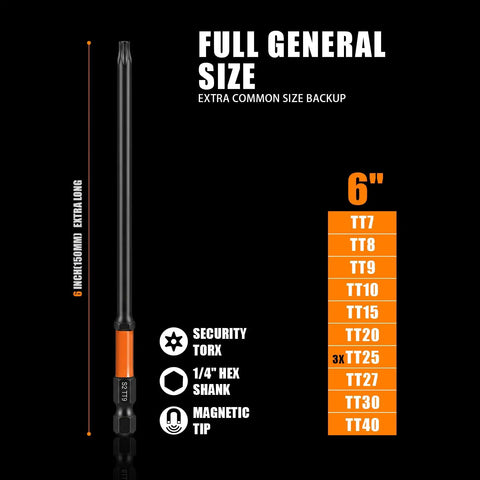 Heavy Duty Six Inch Security Torx Bit Set Twelve Piece S2 Steel Magnetic Star Bits listed with sizes and features on a black background.