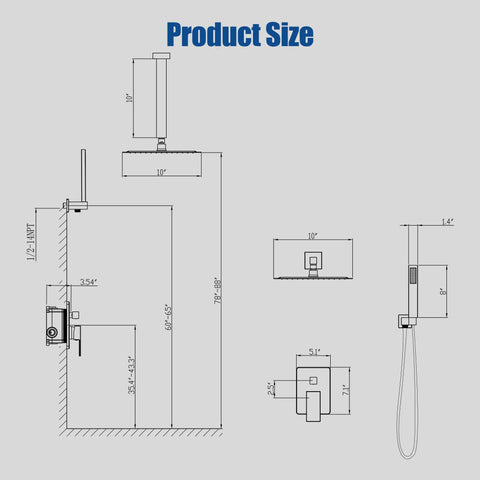 Diagram of Ceiling Shower System With 10 Inch Rain Shower Head And Handheld Spray, dimensions and installation details shown.