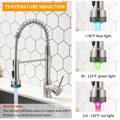 LED Light Kitchen Faucet With Pull Down Sprayer In SS304 Stainless Steel Brushed Nickel Finish temperature LED display
