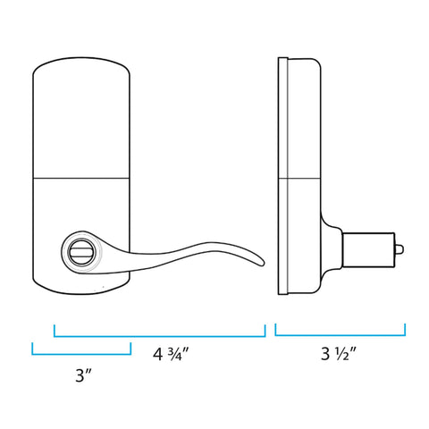 Diagram of Keyless Entry Door Lock With Lever Handle In Antique Brass with measurements for easy install in homes or Airbnb.