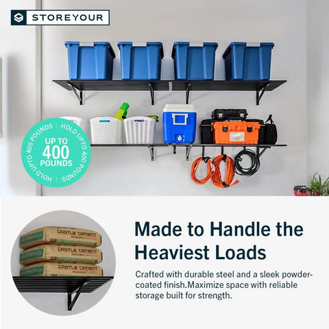 No Sweat Organizing Rock Solid Heavy Duty Wall Mounted Garage Shelves Two Pack 2X4 Ft Black Steel Storage Rack With Six Hooks Supports Four Hundred Pounds For All Your Tools And Home Workshop Storage Projects