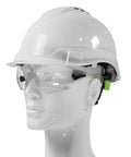 Hard Hat Safety Glasses With Interchangeable Lenses Anti Fog Anti Scratch Ansi Certified Ppe Eyewear mounted on a white hard hat.