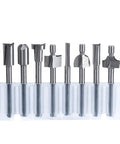 10 Piece HSS Pro Grade Router Bits Set With Titanium Coating One Eighth Inch Shank Thirty Eight Millimeter Length in holder