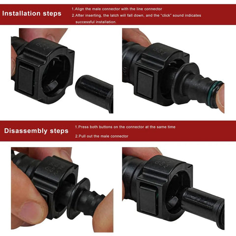 Installation and disassembly steps for Two Pack Nylon Fuel Line Quick Connectors With Seal Ring, 3/8 To 5/16 Inch.