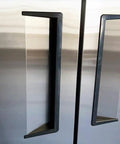 Professional Grade Commercial Stainless Steel Reach In Freezer With Three Roomy Solid Doors close-up of sturdy handles.