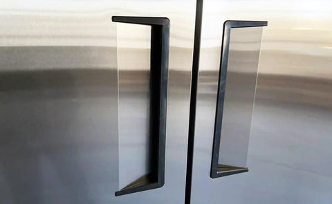 Professional Grade Commercial Stainless Steel Reach In Freezer With Three Roomy Solid Doors close-up of sturdy handles.
