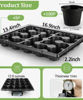 3 Inch Plastic Plant Pots Set With 100 Pots And 5 Pcs 20 Cell Seed Starter Trays shown with dimensions and thickness