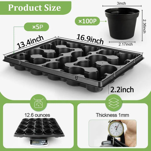 3 Inch Plastic Plant Pots Set With 100 Pots And 5 Pcs 20 Cell Seed Starter Trays shown with dimensions and thickness