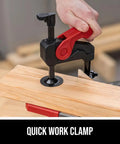 Quick work clamp securing wood piece in Compact Seven And One Quarter Inch Sliding Miter Saw With Ten Amp Motor Single Bevel LED Shadow